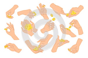 Hands holding coins. Cartoon fingers and palm holding giving and catching golden cents. Vector isolated set
