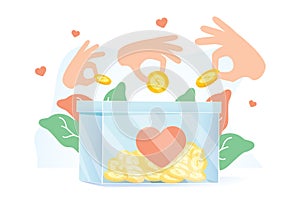 Hands holding coins and putting them into money box. Concept of charity project, donation service, fundraising program