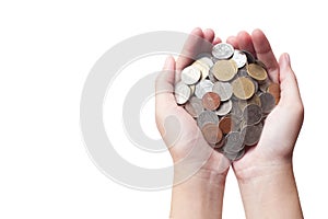 hands holding coins selective and soft focus isolated on white background.