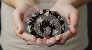 Hands holding a collection of black polyhedral dice, commonly used in tabletop photo