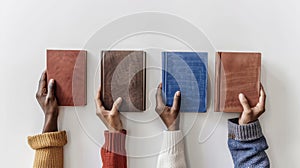 Hands holding colored books.AI generated image