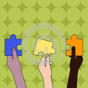 Hands Holding Colored Empty Jigsaw Puzzle Pieces. Teamwork Strategy and Success Concept. photo Design Infographic