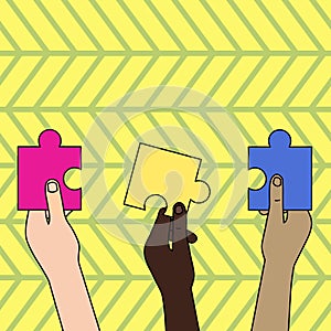 Hands Holding Colored Empty Jigsaw Puzzle Pieces. Teamwork Strategy and Success Concept. photo Design Infographic