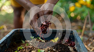 Hands Holding Composting Earthworms.AI generated image