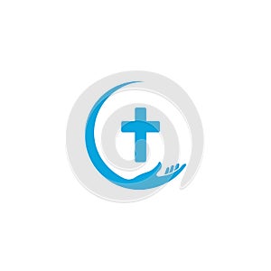 Hands holding Cross, icons or symbols. Religion, Church vector logo illustration