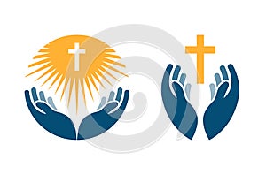 Hands holding Cross, icons or symbols. Religion, Church vector logo