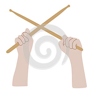 Hands holding Crossed Wooden Drum sticks. Arms with drumsticks Isolated on white background. Front view. Vector illustration in