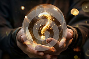 Hands holding crystal ball with glowing question mark and sparkling lights