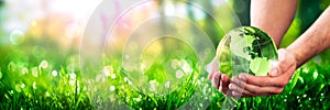 Hands Holding Crystal Earth In Lush Green Environment