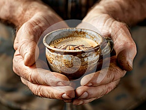 Hands holding a cup of coffee. Close-up a cup of coffee held in hands.
