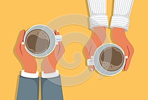 Hands holding cups of coffee on table background. Top view. Coffee time and coffee break vector concept.