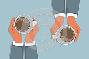 Hands holding cups of coffee on table background. Top view. Coffee time and coffee break vector concept. Flat illustration