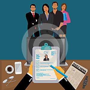 Hands holding CV profile to choose from group of business people to hire, interview, hr, Vector Illustration