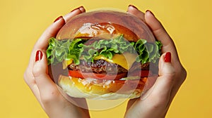 Hands holding delicious burger on vibrant yellow background for enticing food concept