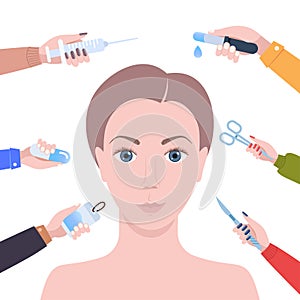 hands holding different medical items around female face cosmetic procedures facial lift reduction treatment skincare