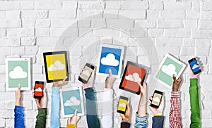 Hands Holding Digital Devices Cloud Networking