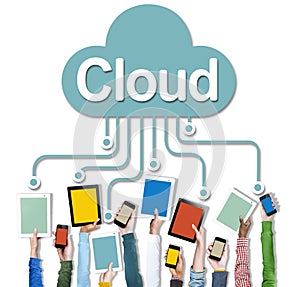 Hands Holding Digital Devices Cloud Networking