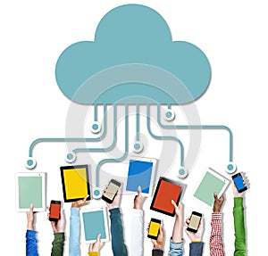 Hands Holding Digital Devices Cloud Networking