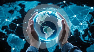 Hands Holding Digital Globe with Global Network Points