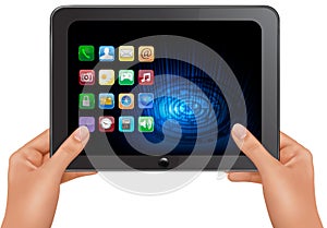 Hands holding digital tablet computer with icons.