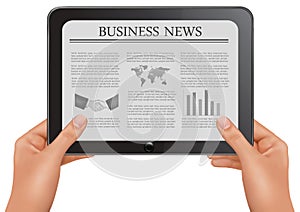 Hands holding digital tablet pc with business news