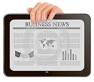 Hands holding digital tablet pc with business news