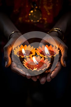 Hands holding Diwali candles diyas
