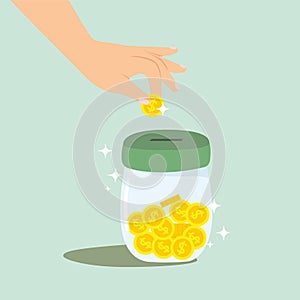 Hands holding dollar coins and putting in jar for save money.