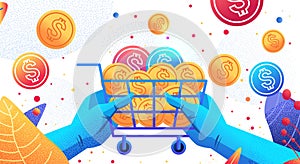 hands holding dollar coins in trolley cart financial banking wealth transformation technology fintech business