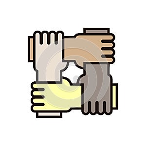 4 hands holding eachother. Vector icon for concepts of racial equality, teamwork, community and charity. photo
