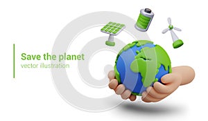 Hands holding Earth, 3D solar panel, wind generator, full battery