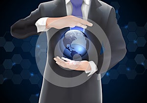 Hands holding earth with blue of background on blue and black
