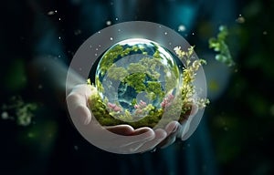 Hands holding earth crystal glass globe ball encircled by verdant forest flora. Generative AI