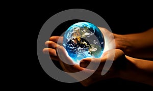 Hands holding Earth globe. Green energy, ecology concept