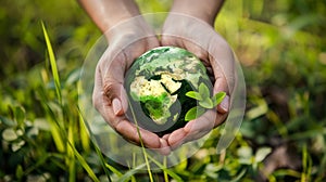 Hands holding Earth globe with green leaves. Green energy, ecology concept