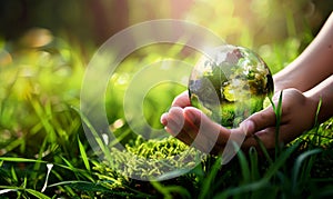 Hands holding Earth globe with green leaves. Green energy, ecology concept