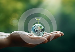Hands holding earth globe and growing tree. Arbor Day. Environment, save clean planet, ecology concept. Earth Day banner with copy