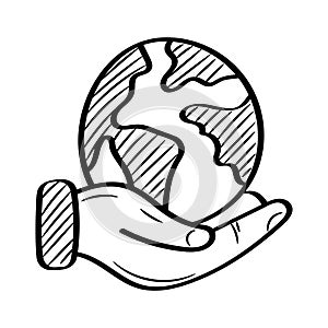 Hands holding Earth icon vector illustration with simple hand drawn doodle design