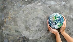 Hands holding Earth on textured grey background