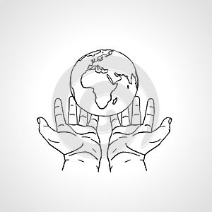 Hands holding the Earth. Two palms hold the globe. Environment concept. Hand drawn sketch vector illustration