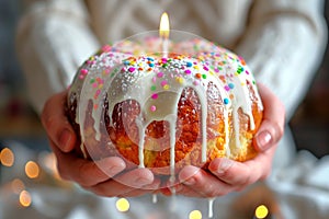 Hands holding Easter cake Kulich decorated with white dripping icing, colored sprinkles and burning candle. Blurred
