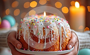 Hands holding Easter cake Kulich decorated with white dripping icing, colored sprinkles and burning candle. Blurred