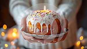 Hands holding Easter cake Kulich decorated with white dripping icing, colored sprinkles and burning candle. Blurred