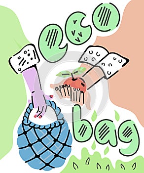 Hands holding eco bag and putong ecologically clean food product into it, sketch cartoon illustration