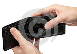 Hands holding an empty black leather wallet against a white background