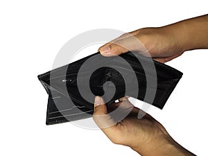 Hands Holding an Empty Black Wallet on White Background