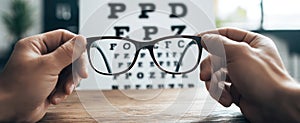 The hands holding eyeglasses in front of an eye test chart..AI generated image
