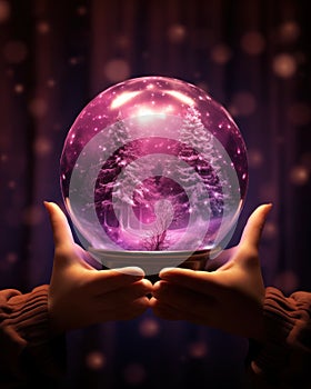 hands holding a fairy snow globe with shining christmas tree