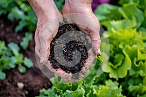 Hands holding fertile soil in a garden setting