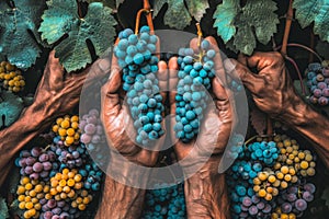 Hands holding fresh grapes with vibrant vineyard background